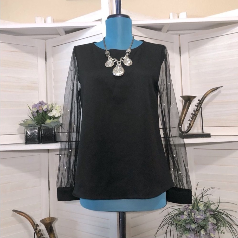 Shein pearl beaded sheer long sleeves black blouse top sz XS NWOT